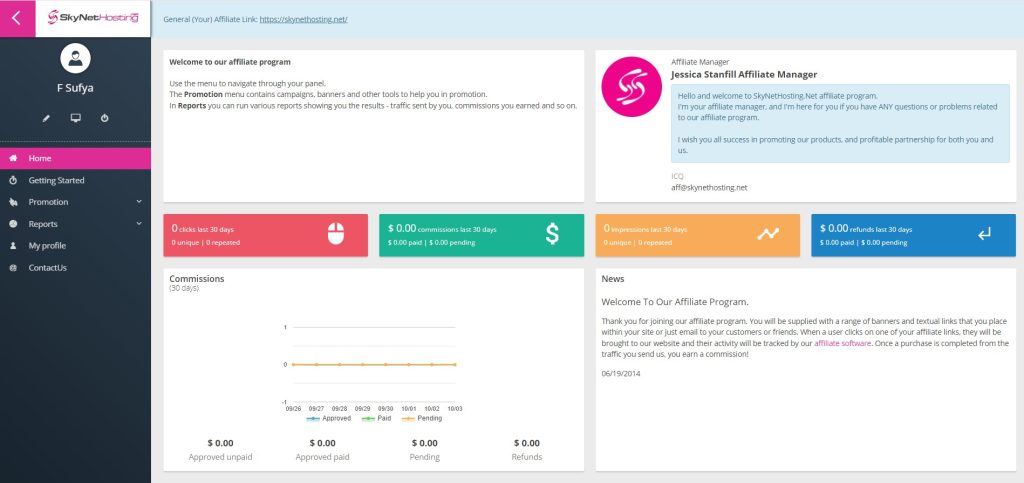 Affiliate DAshboard skynethosting.net