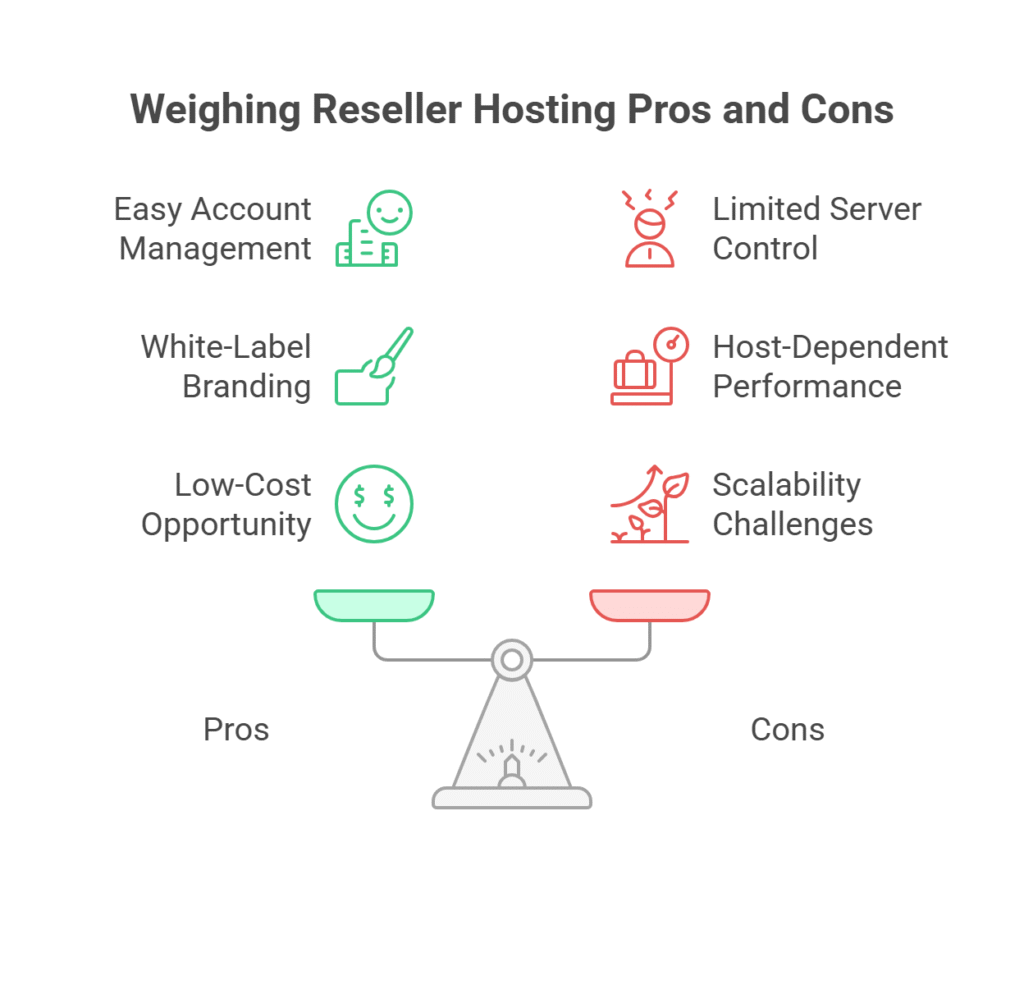 VPS Hosting vs. Reseller Hosting - Reseller hosting pros and cons diagram