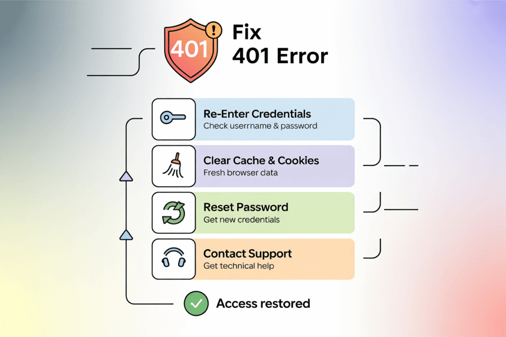 create a clean modern flowchart diagram 6Xnag0jQI2I3zCqRCRCGQ YafvEonZSCGY8Xitroum8A 1 step by step diagram of How to Fix HTTP Status Code 401