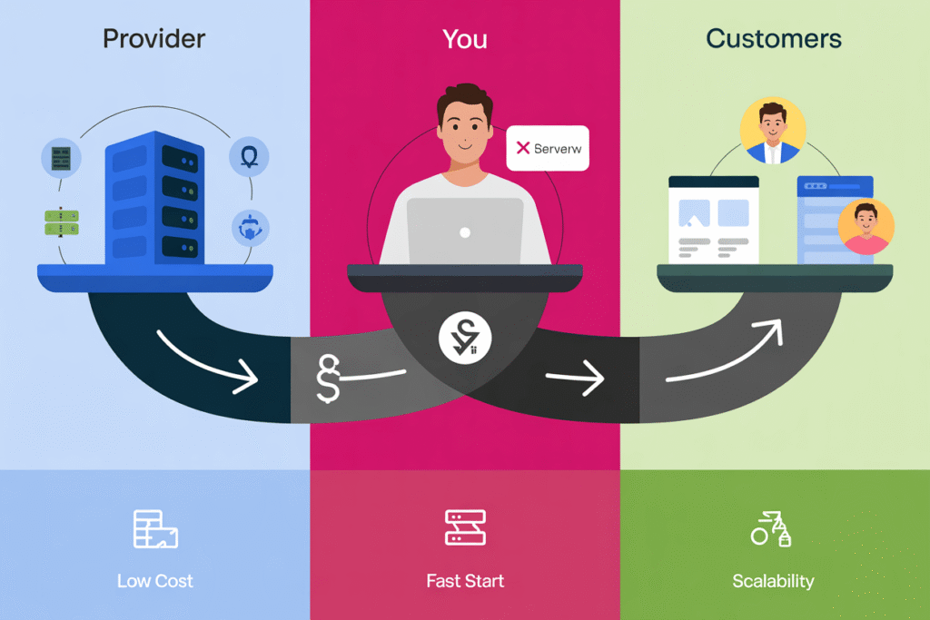 a business model landing page illustrati U1yJD0PATt2u3HRSFuElsQ UBCjvyMyQrm giPoUiUhQQ 1 Showing the relationship between reseller hosting provider, People who started reseller hosting business and their customers.