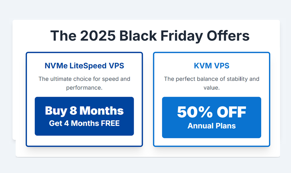 Banner of 2 main black friday offers. Buy 8 month get 4 month free. and 50%  off plain off for annual plan
