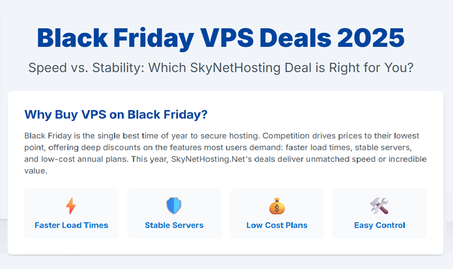 The infographics of reason why buy VPS on black friday, Showing Faster loading times, Stable severs , low cost plans and easy control