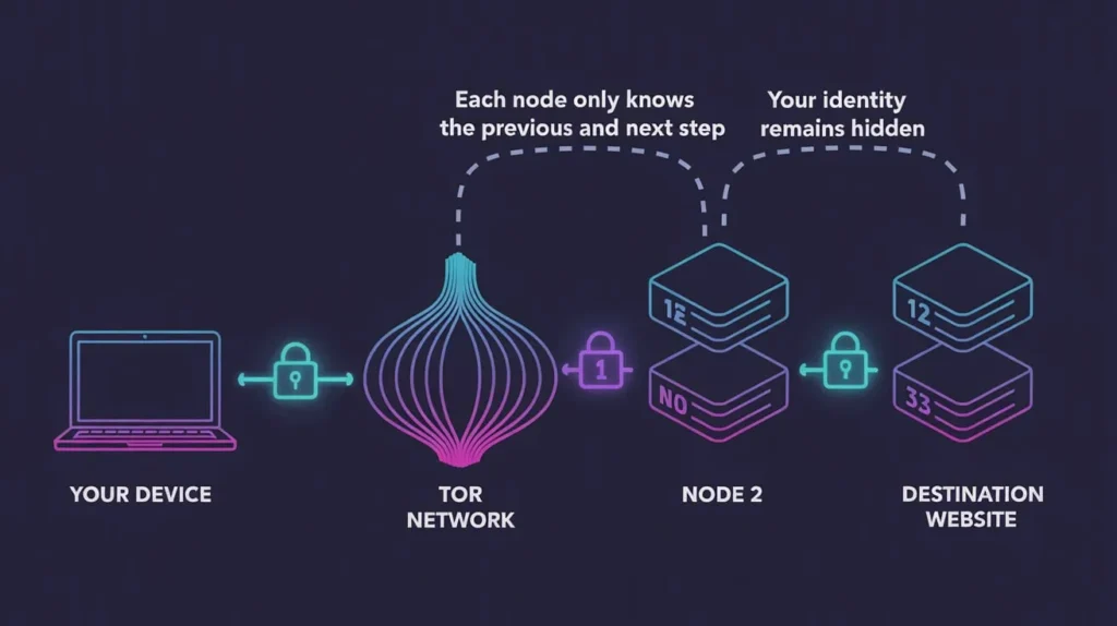The visual diagram of device connect with Tor and access the dark web Node 2 through Destination website
