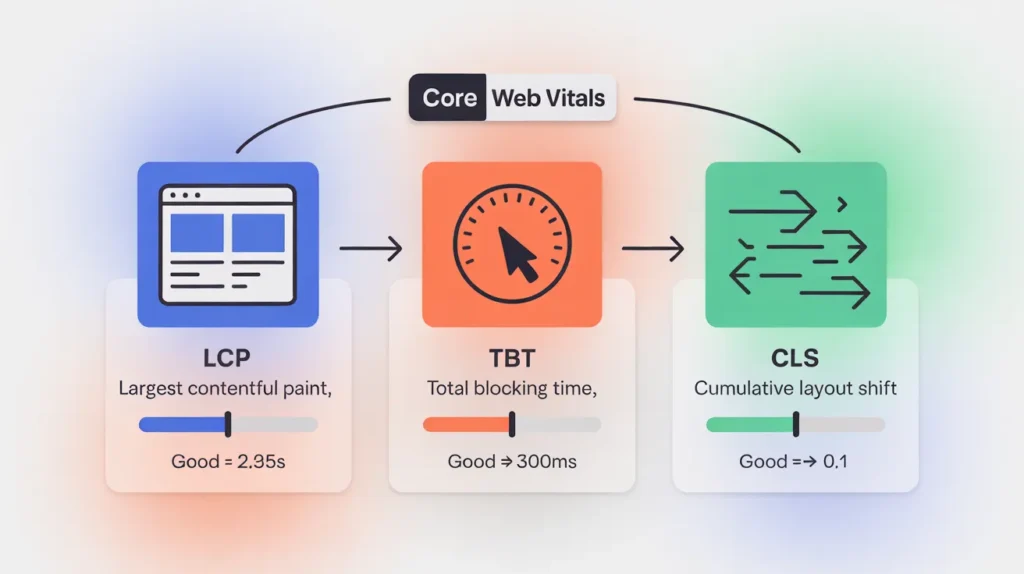 Core web vitals and And best durations (LCP = 2.95s, TBT = 300ms, and CLS = 0.1)