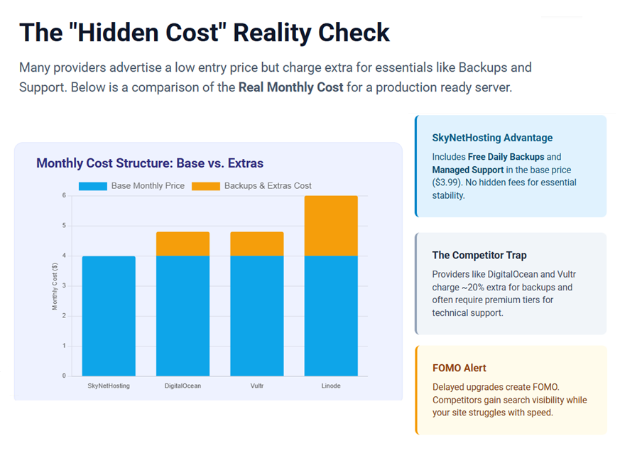 Hidden cost break down bar chart of SkyNetHosting.Net and other competitors. 