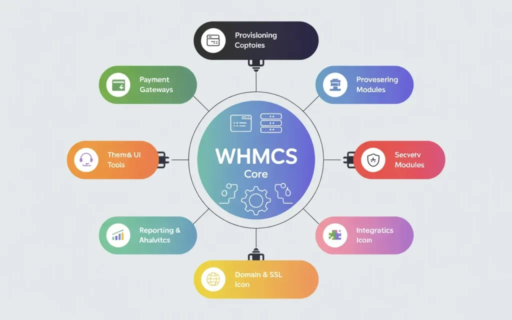 Illustration of WHMCS and payment methods and additional features

